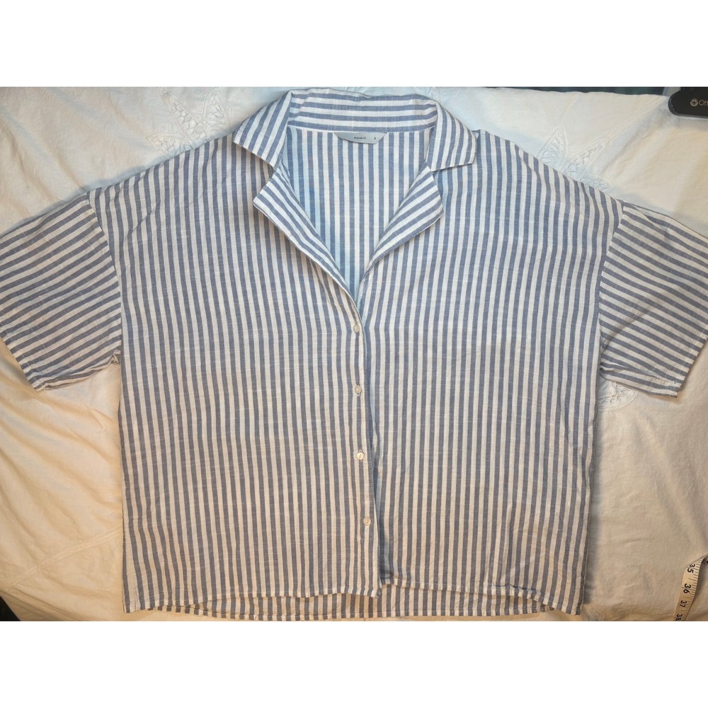 Pigalle Womens Blue White Striped Cotton Button Down Short Sleeve Shirt Small